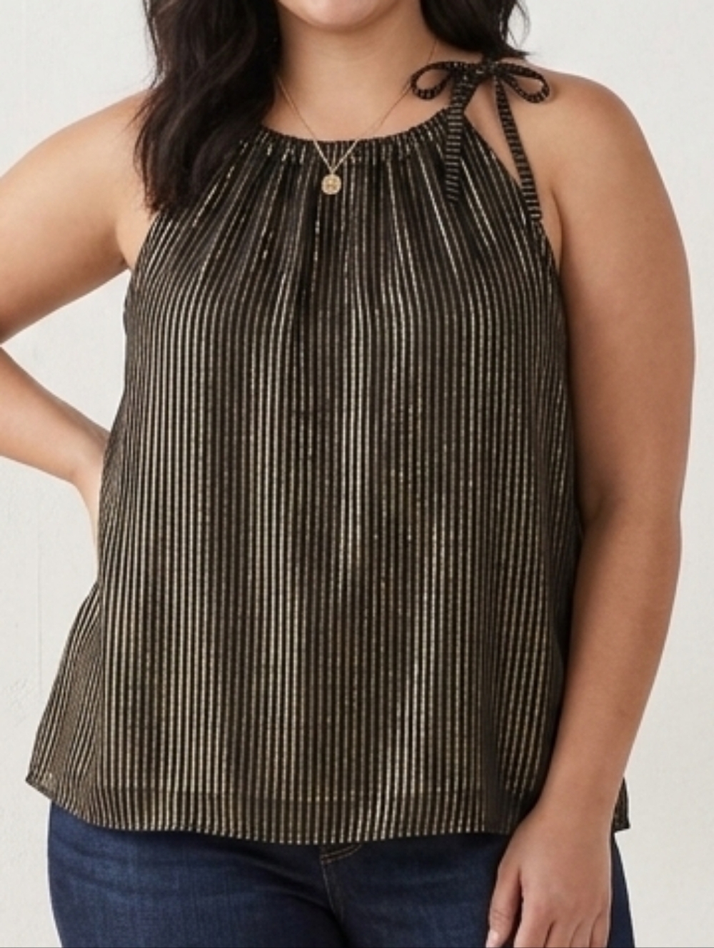 Madewell Silk Metallic Stripe Tie-Shoulder Cami Top Black Gold Size 12